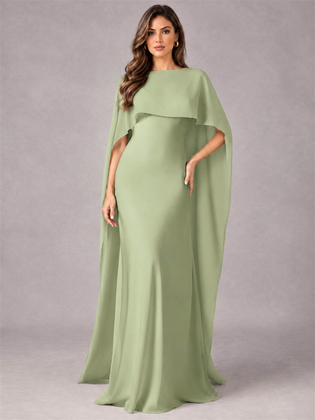 V-Neck Mermaid Satin Spaghetti Straps Floor-Length Wedding Guest Dress with Cape
