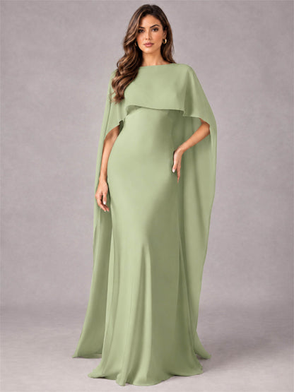 V-Neck Mermaid Satin Spaghetti Straps Floor-Length Wedding Guest Dress with Cape