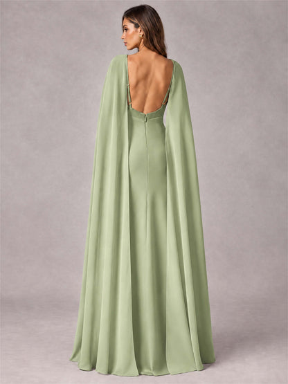 V-Neck Mermaid Satin Spaghetti Straps Floor-Length Wedding Guest Dress with Cape