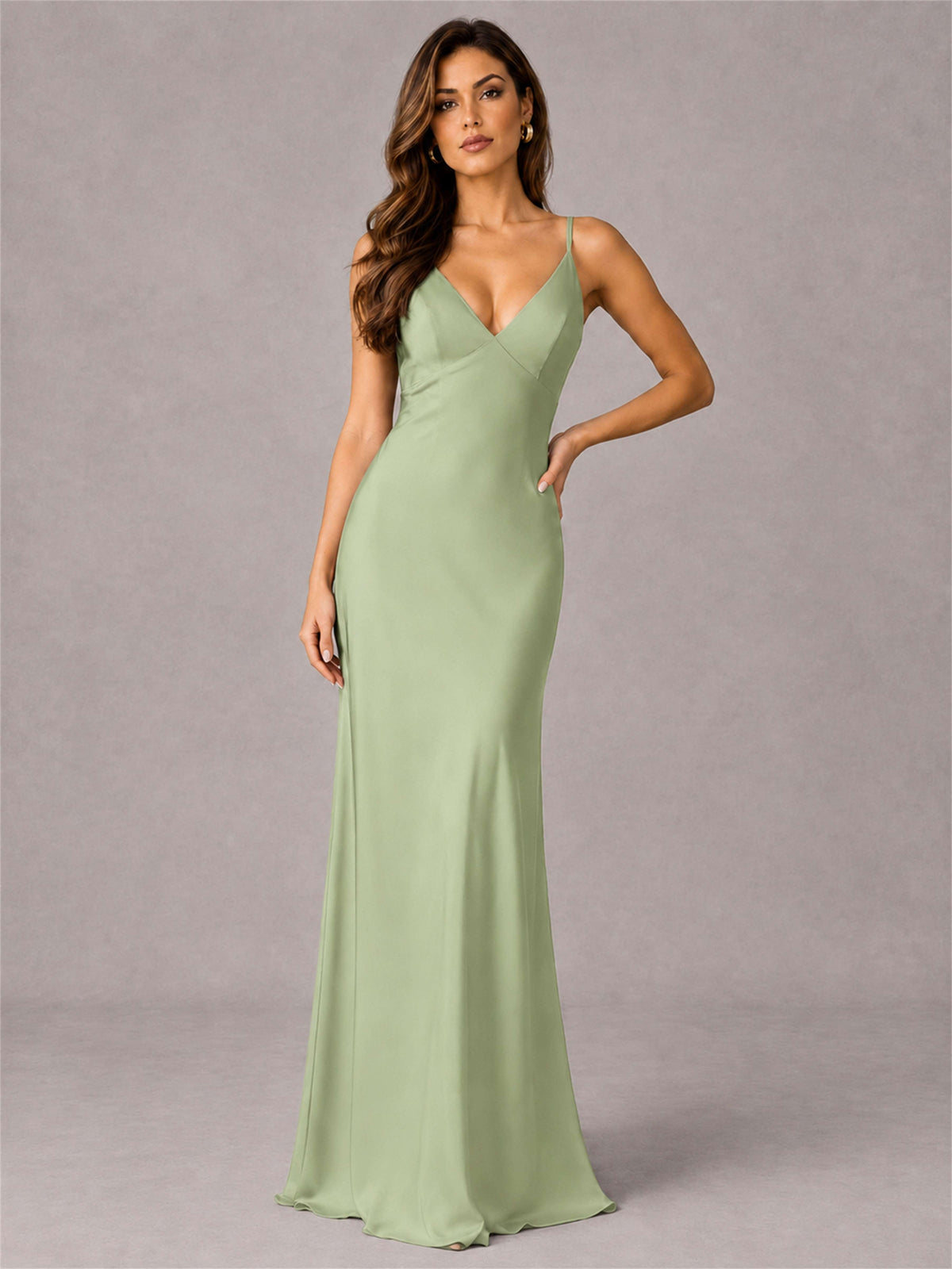 V-Neck Mermaid Satin Spaghetti Straps Floor-Length Wedding Guest Dress with Cape