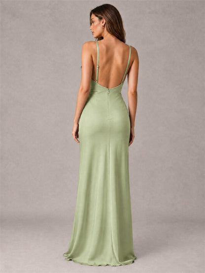 V-Neck Mermaid Satin Spaghetti Straps Floor-Length Wedding Guest Dress with Cape