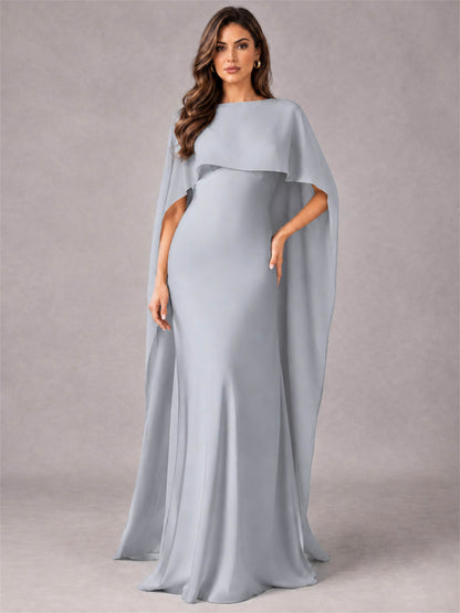 V-Neck Mermaid Satin Spaghetti Straps Floor-Length Wedding Guest Dress with Cape