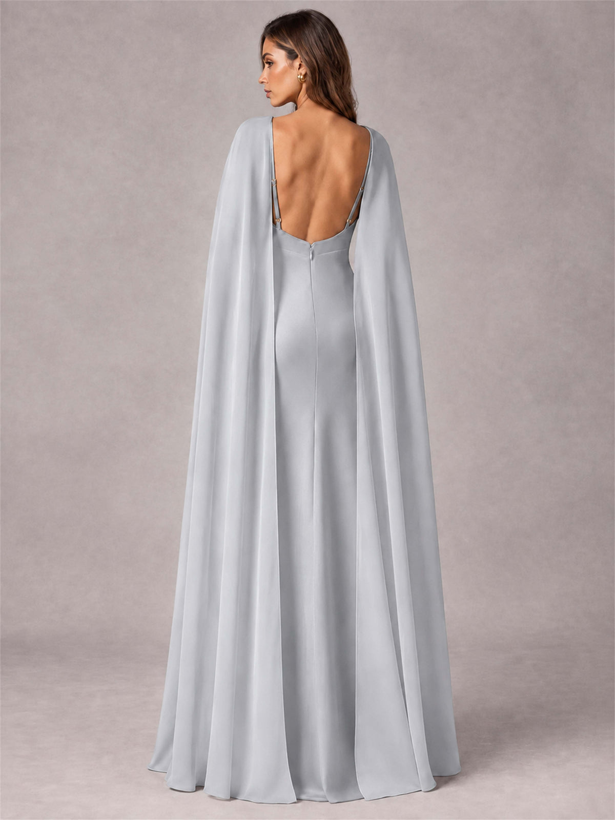V-Neck Mermaid Satin Spaghetti Straps Floor-Length Wedding Guest Dress with Cape