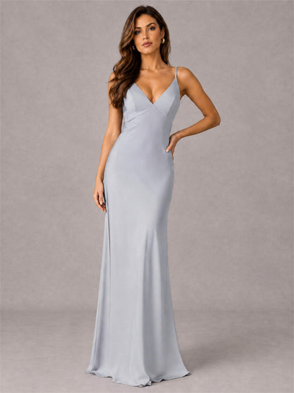 V-Neck Mermaid Satin Spaghetti Straps Floor-Length Wedding Guest Dress with Cape