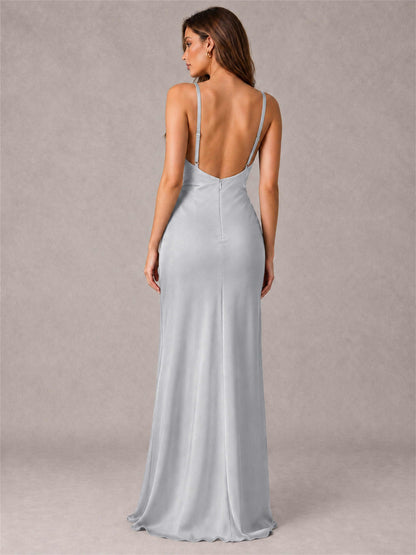 V-Neck Mermaid Satin Spaghetti Straps Floor-Length Wedding Guest Dress with Cape