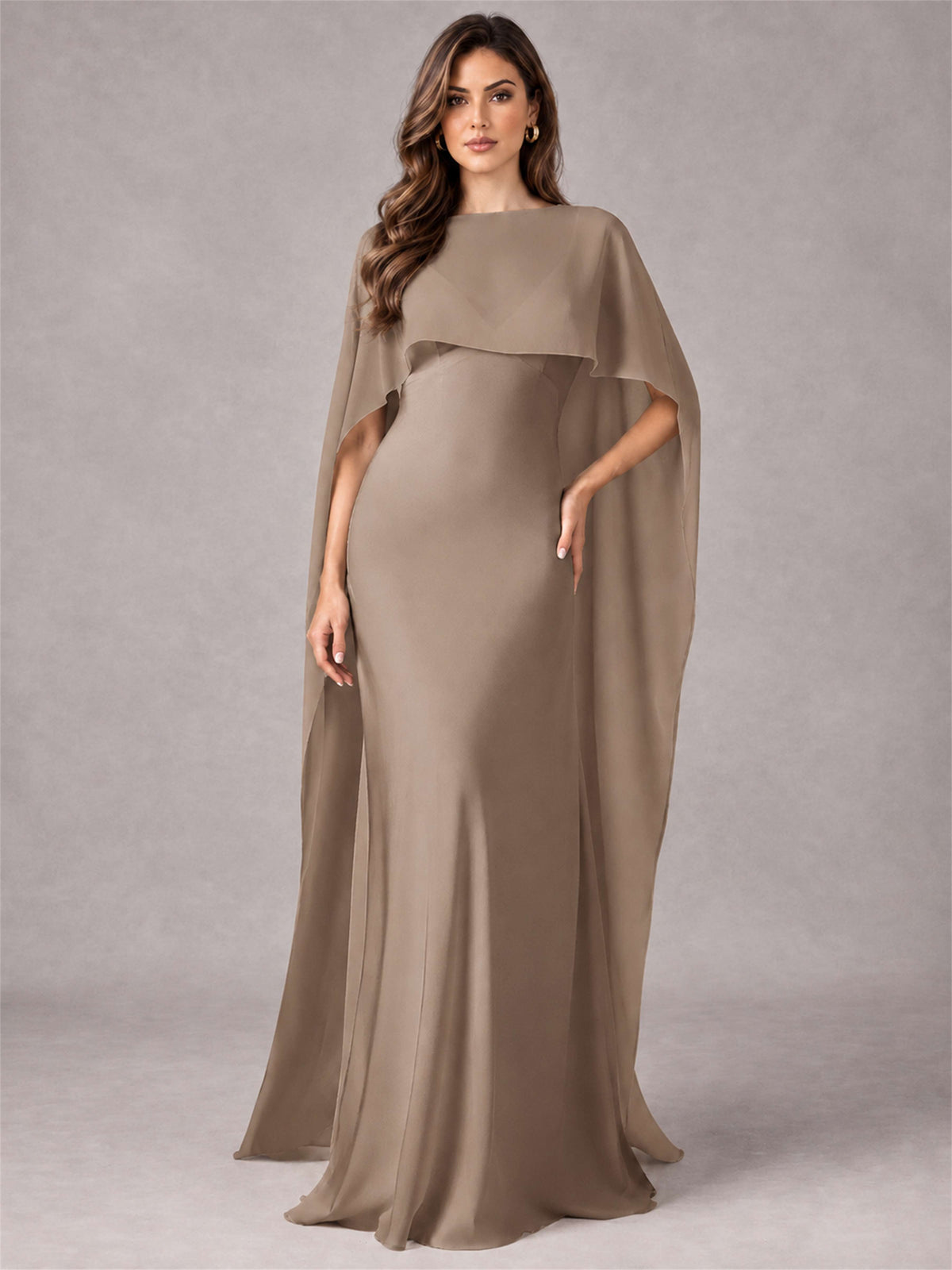 V-Neck Mermaid Satin Spaghetti Straps Floor-Length Wedding Guest Dress with Cape