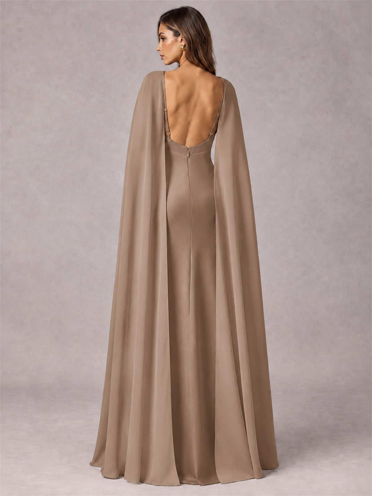 V-Neck Mermaid Satin Spaghetti Straps Floor-Length Wedding Guest Dress with Cape