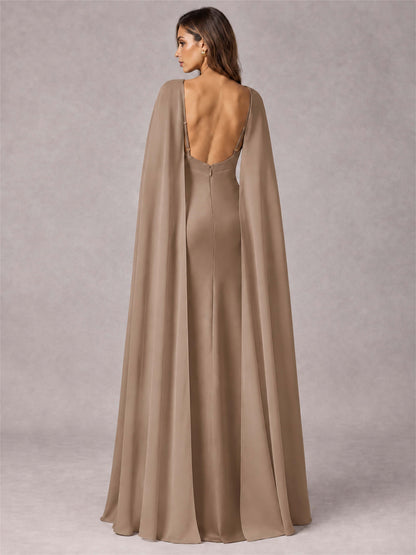 V-Neck Mermaid Satin Spaghetti Straps Floor-Length Wedding Guest Dress with Cape