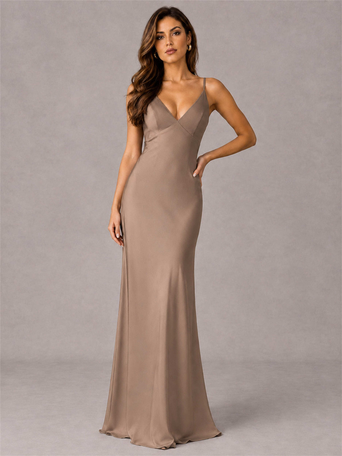 V-Neck Mermaid Satin Spaghetti Straps Floor-Length Wedding Guest Dress with Cape