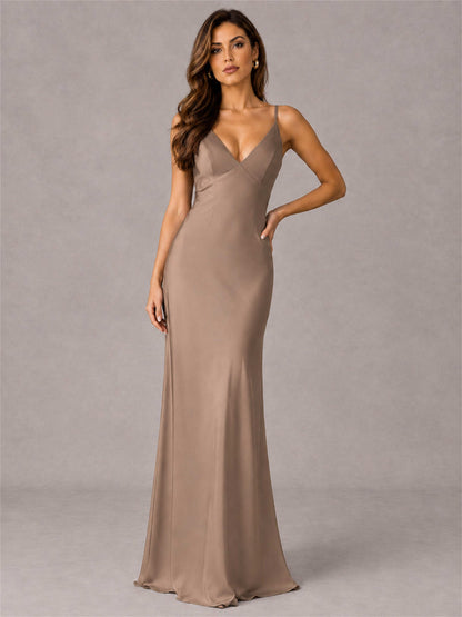 V-Neck Mermaid Satin Spaghetti Straps Floor-Length Wedding Guest Dress with Cape