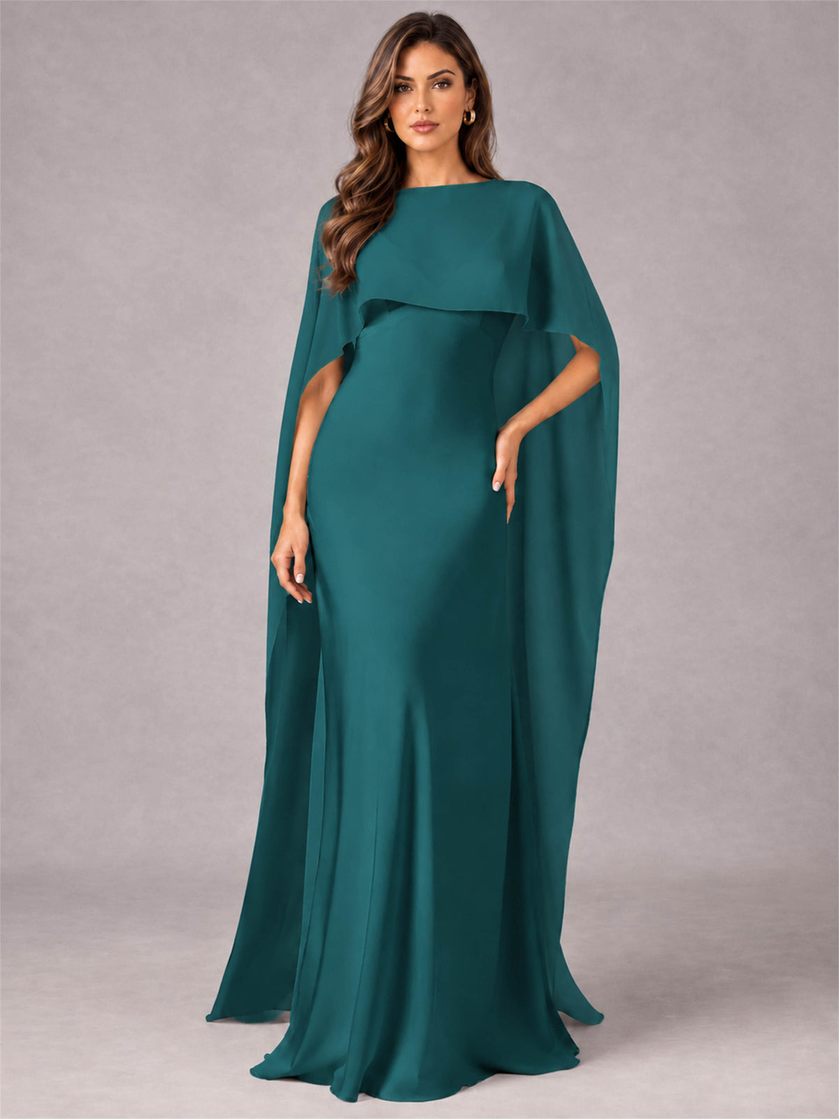 V-Neck Mermaid Satin Spaghetti Straps Floor-Length Wedding Guest Dress with Cape