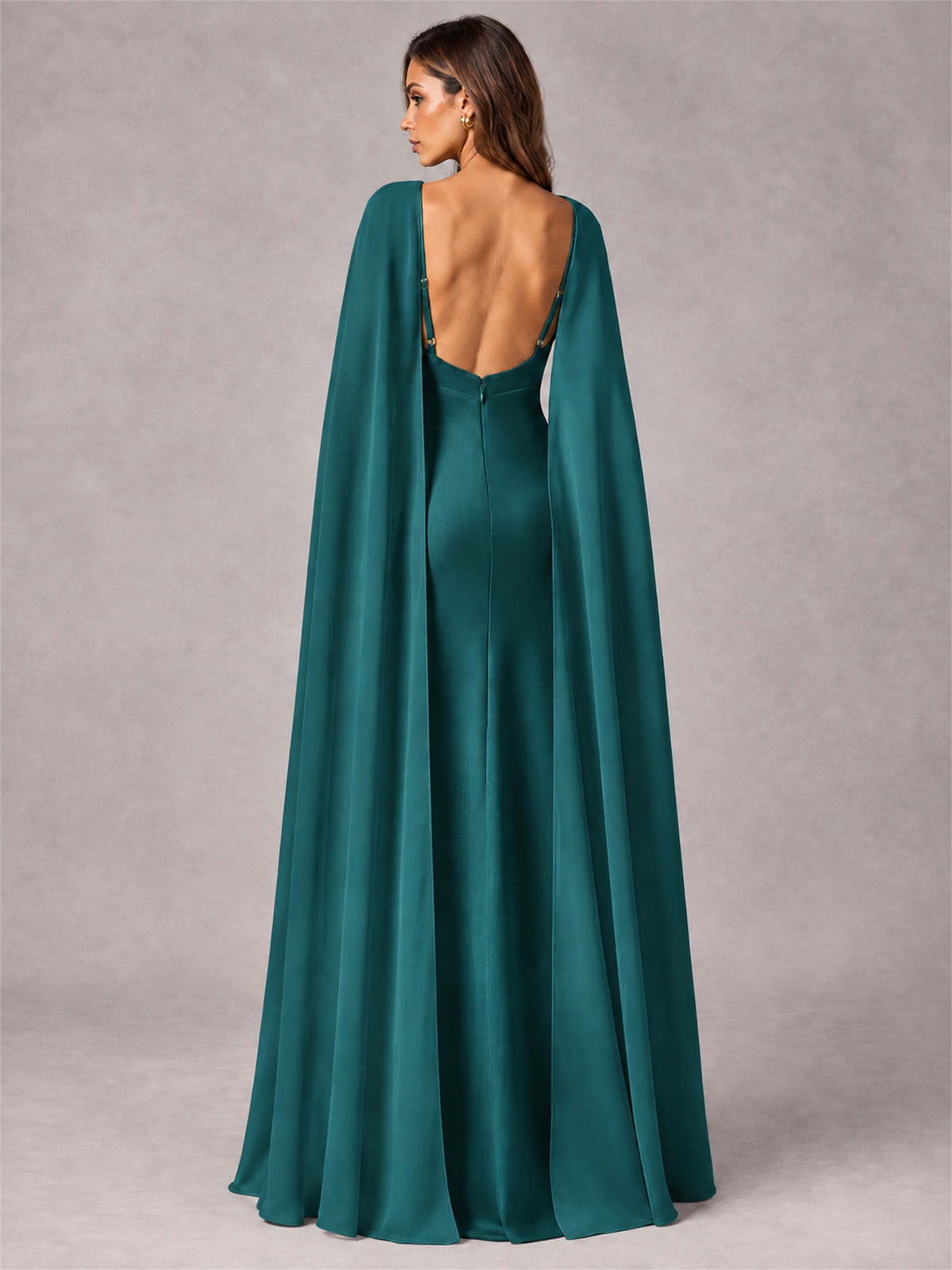 V-Neck Mermaid Satin Spaghetti Straps Floor-Length Wedding Guest Dress with Cape