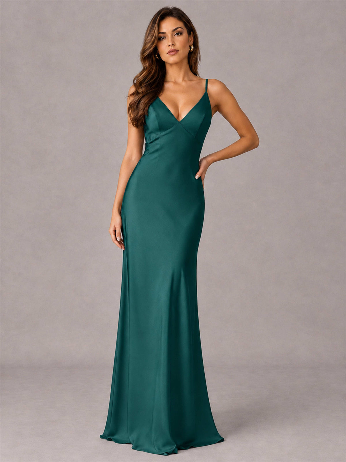 V-Neck Mermaid Satin Spaghetti Straps Floor-Length Wedding Guest Dress with Cape