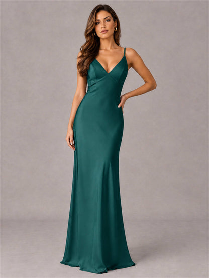 V-Neck Mermaid Satin Spaghetti Straps Floor-Length Wedding Guest Dress with Cape