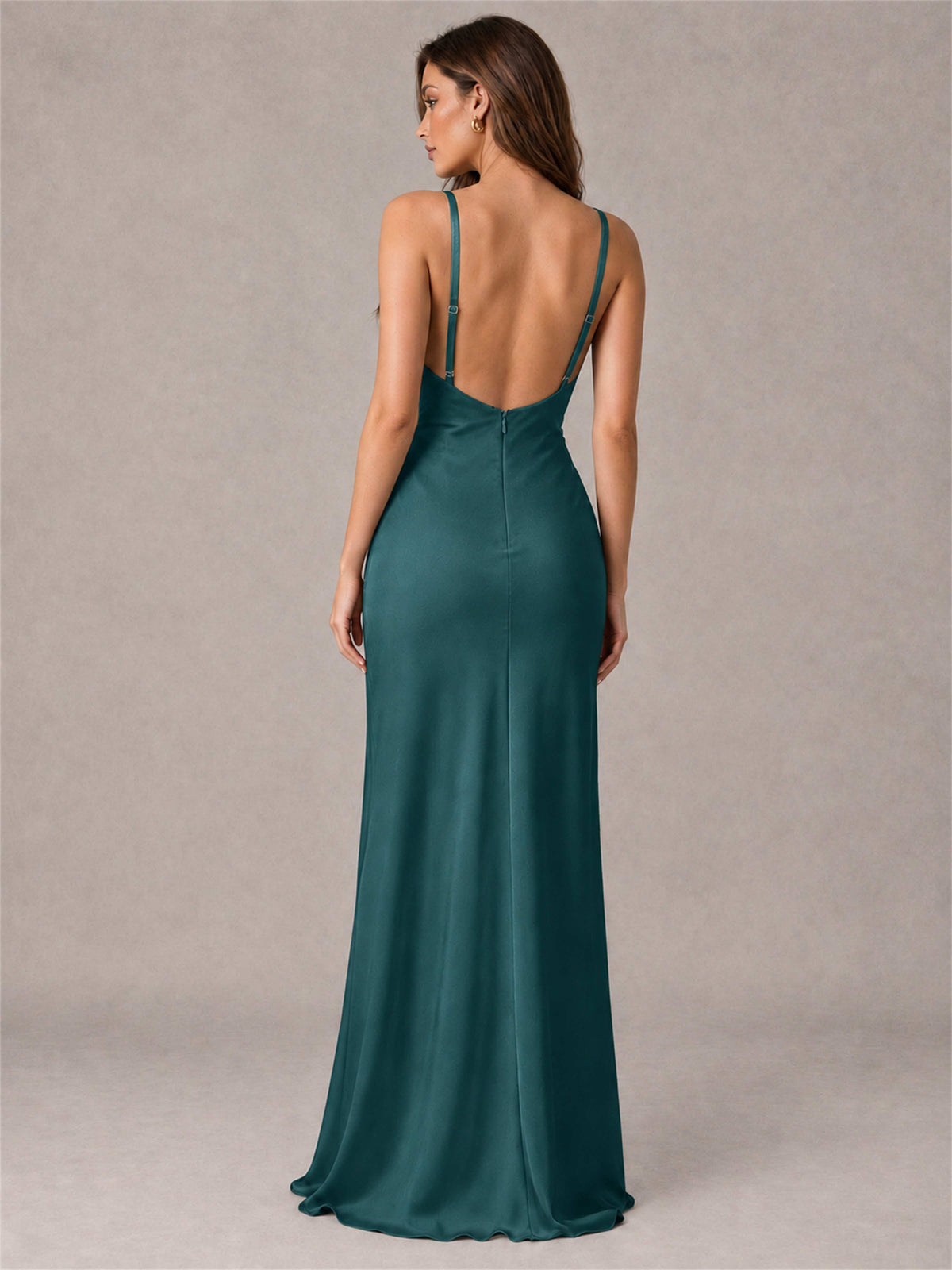 V-Neck Mermaid Satin Spaghetti Straps Floor-Length Wedding Guest Dress with Cape