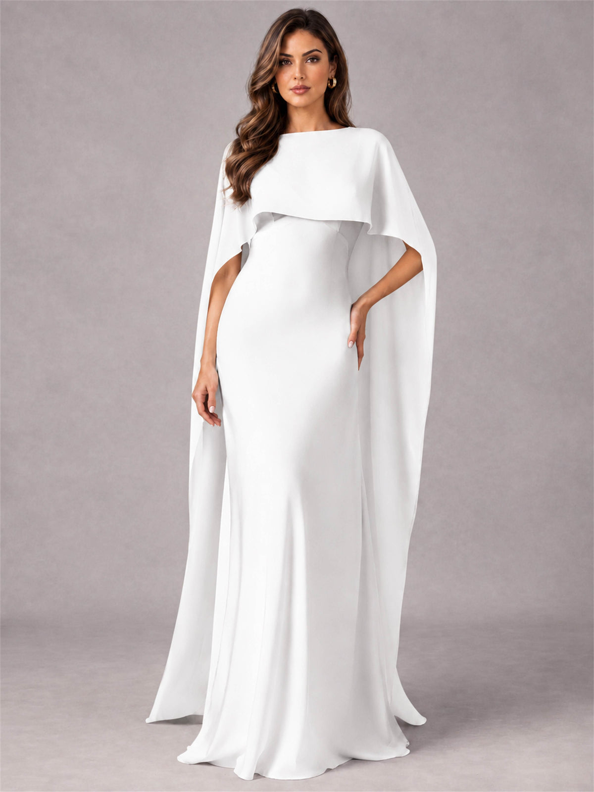 V-Neck Mermaid Satin Spaghetti Straps Floor-Length Wedding Guest Dress with Cape