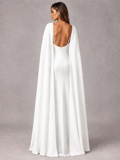 V-Neck Mermaid Satin Spaghetti Straps Floor-Length Wedding Guest Dress with Cape