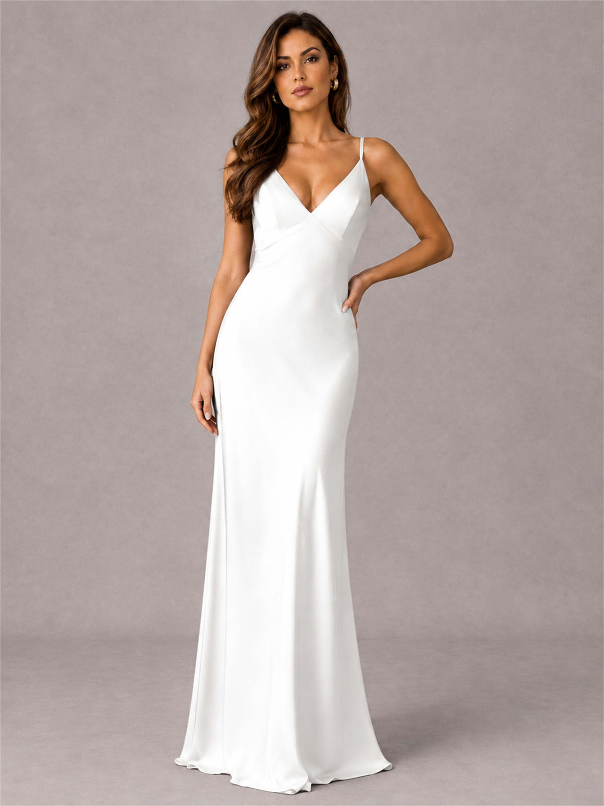 V-Neck Mermaid Satin Spaghetti Straps Floor-Length Wedding Guest Dress with Cape