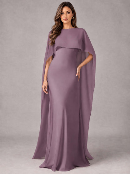 V-Neck Mermaid Satin Spaghetti Straps Floor-Length Wedding Guest Dress with Cape