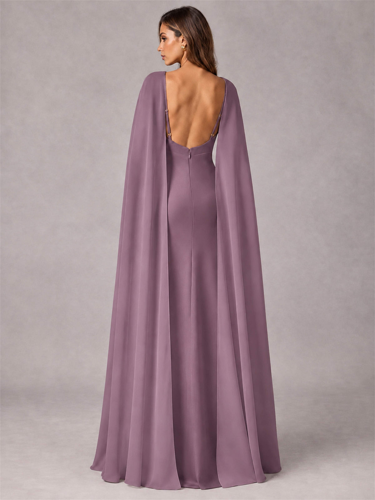 V-Neck Mermaid Satin Spaghetti Straps Floor-Length Wedding Guest Dress with Cape
