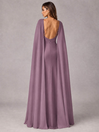 V-Neck Mermaid Satin Spaghetti Straps Floor-Length Wedding Guest Dress with Cape