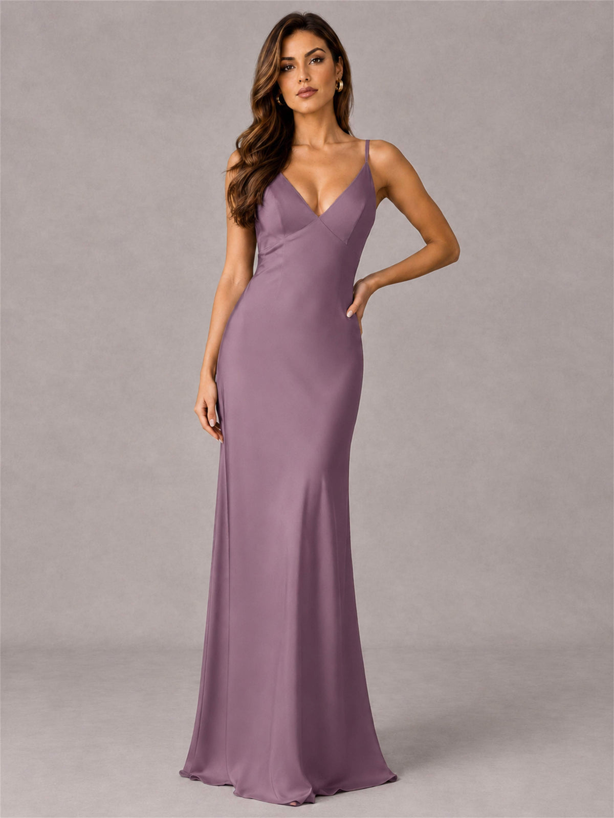 V-Neck Mermaid Satin Spaghetti Straps Floor-Length Wedding Guest Dress with Cape