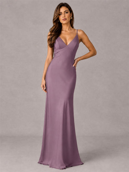 V-Neck Mermaid Satin Spaghetti Straps Floor-Length Wedding Guest Dress with Cape