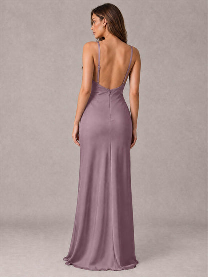 V-Neck Mermaid Satin Spaghetti Straps Floor-Length Wedding Guest Dress with Cape