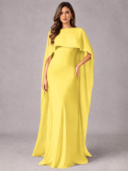 V-Neck Mermaid Satin Spaghetti Straps Floor-Length Wedding Guest Dress with Cape
