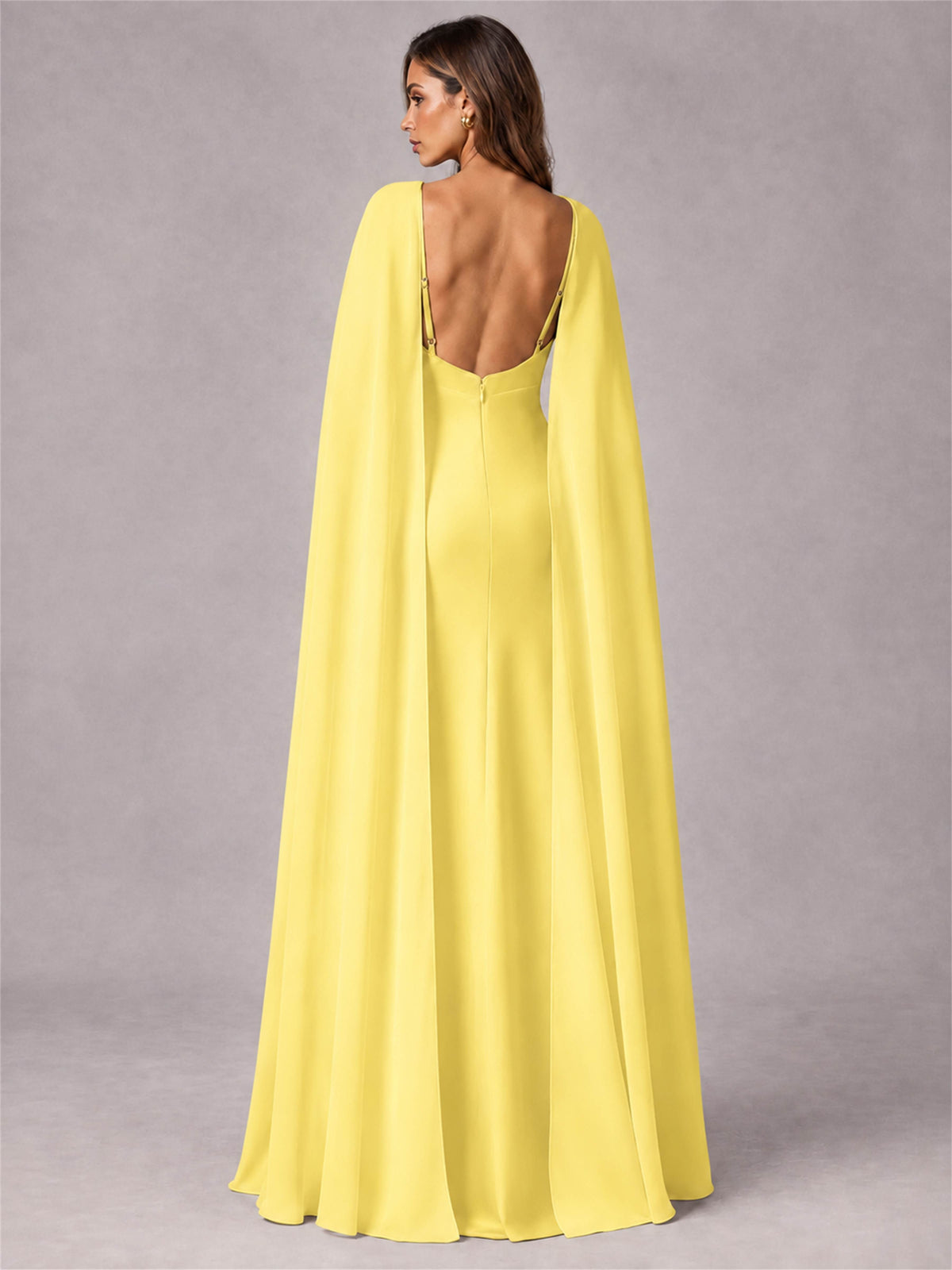 V-Neck Mermaid Satin Spaghetti Straps Floor-Length Wedding Guest Dress with Cape