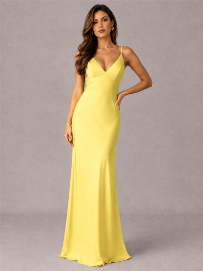 V-Neck Mermaid Satin Spaghetti Straps Floor-Length Wedding Guest Dress with Cape
