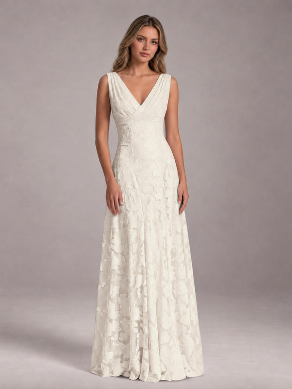 Ivory V-Neck Sleeveless Floral Lace Floor Length Bridesmaid Dress