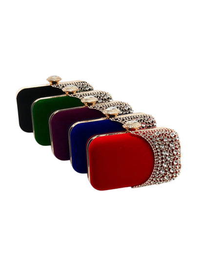Velvet Crystal Evening Clutch Bag with Crescent Rhinestone Design for Wedding, Prom & Formal Events