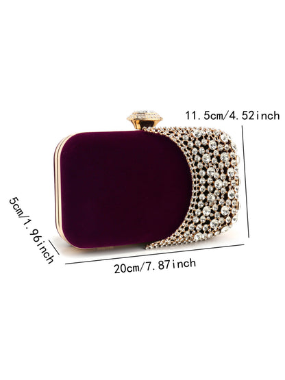 Velvet Crystal Evening Clutch Bag with Crescent Rhinestone Design for Wedding, Prom & Formal Events