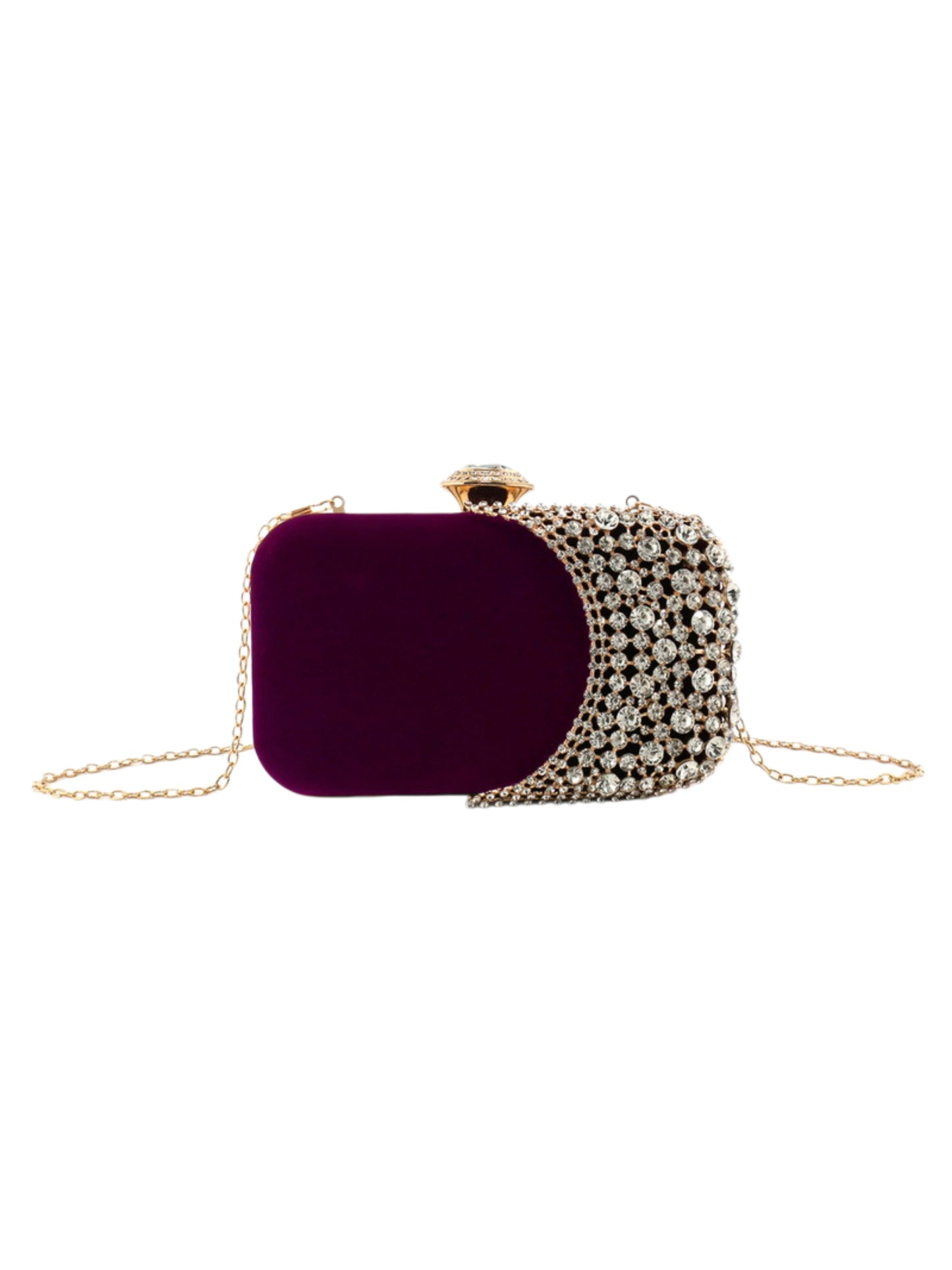 Velvet Crystal Evening Clutch Bag with Crescent Rhinestone Design for Wedding, Prom & Formal Events