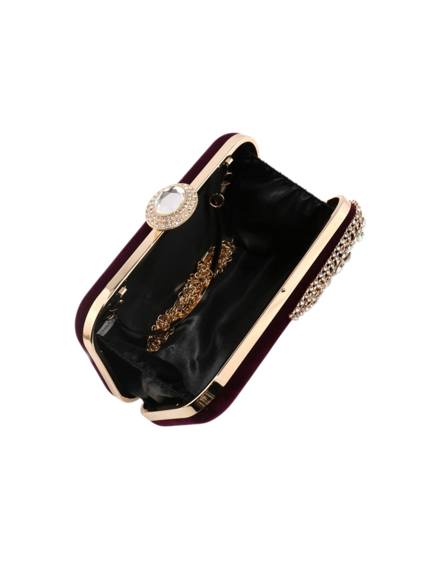 Velvet Crystal Evening Clutch Bag with Crescent Rhinestone Design for Wedding, Prom & Formal Events