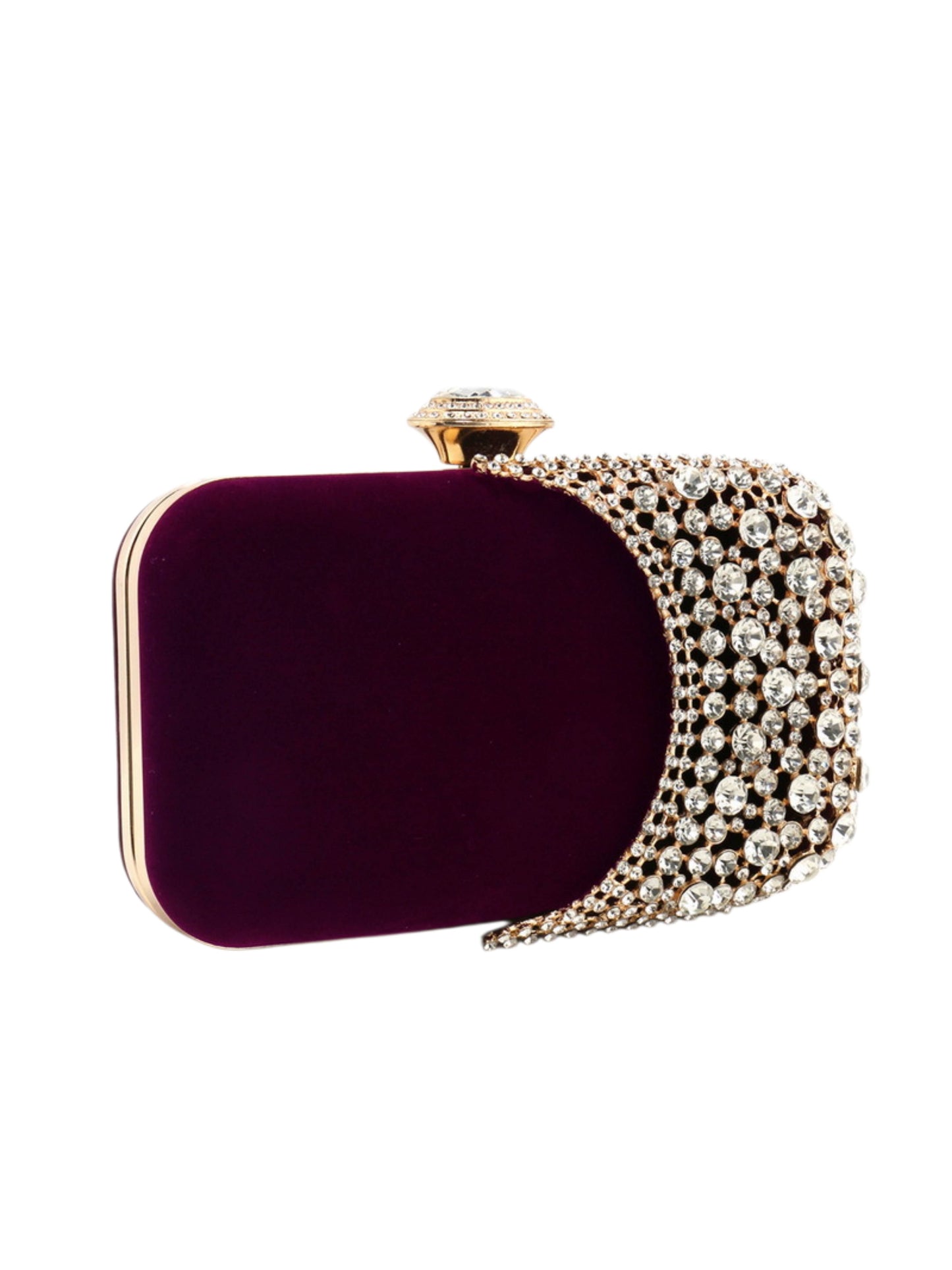 Velvet Crystal Evening Clutch Bag with Crescent Rhinestone Design for Wedding, Prom & Formal Events