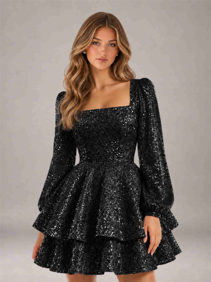 Black Velvet Sequin Square Neck Long Sleeves Mini Homecoming Dress