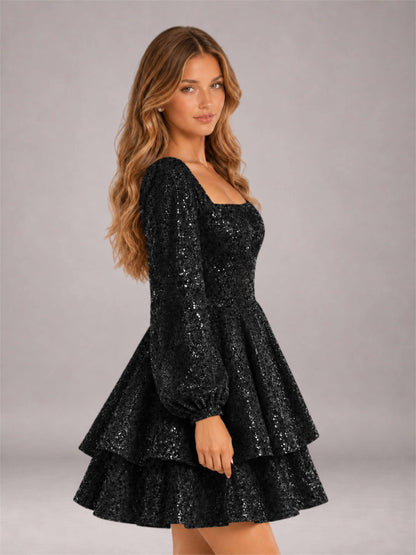 Black Velvet Sequin Square Neck Long Sleeves Mini Homecoming Dress