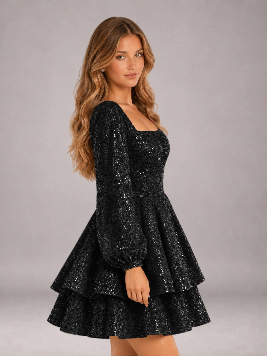 Black Velvet Sequin Square Neck Long Sleeves Mini Homecoming Dress