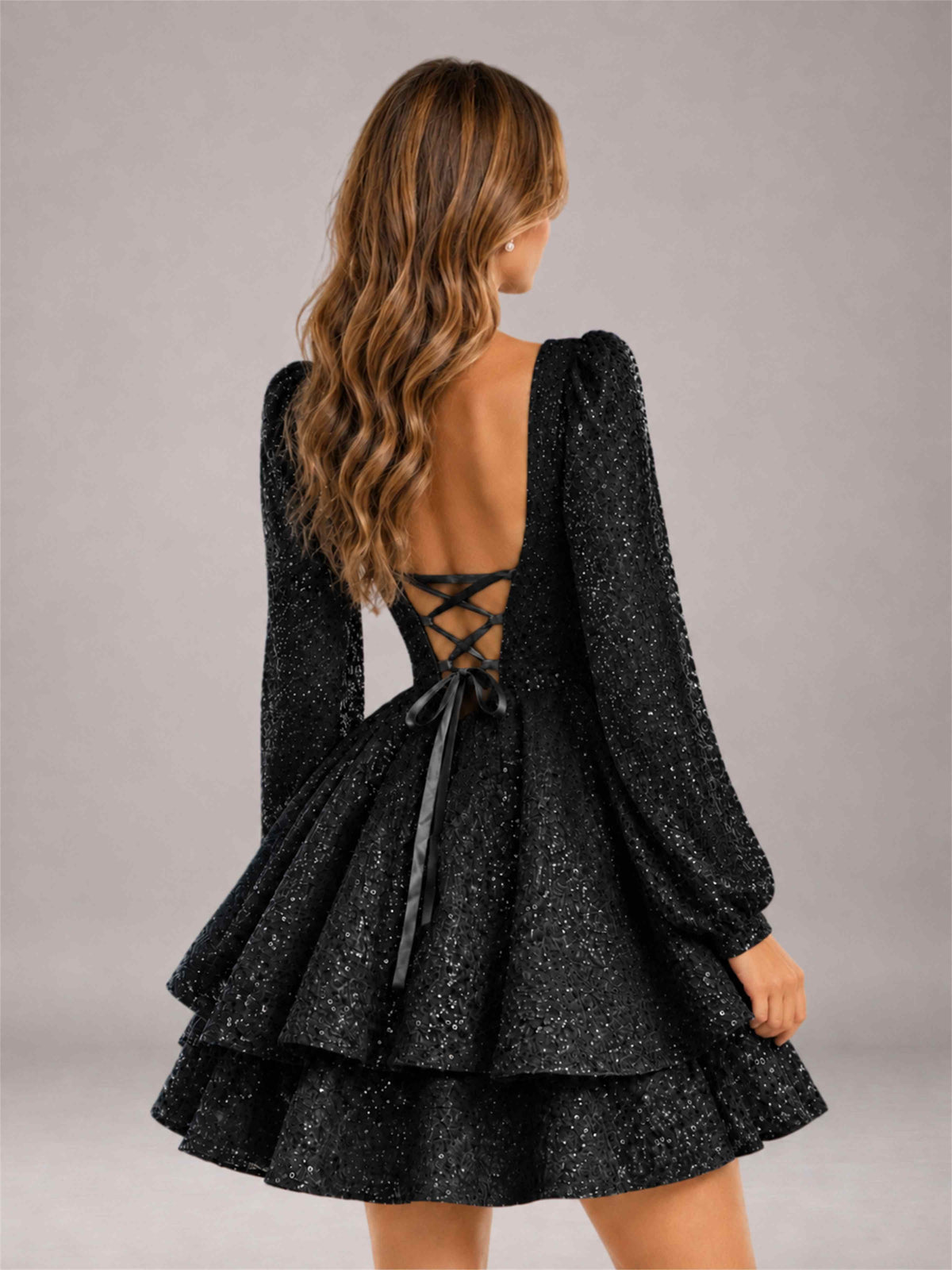 Black Velvet Sequin Square Neck Long Sleeves Mini Homecoming Dress