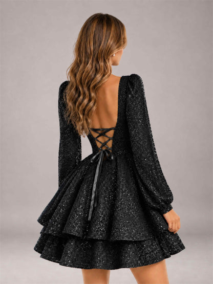 Black Velvet Sequin Square Neck Long Sleeves Mini Homecoming Dress
