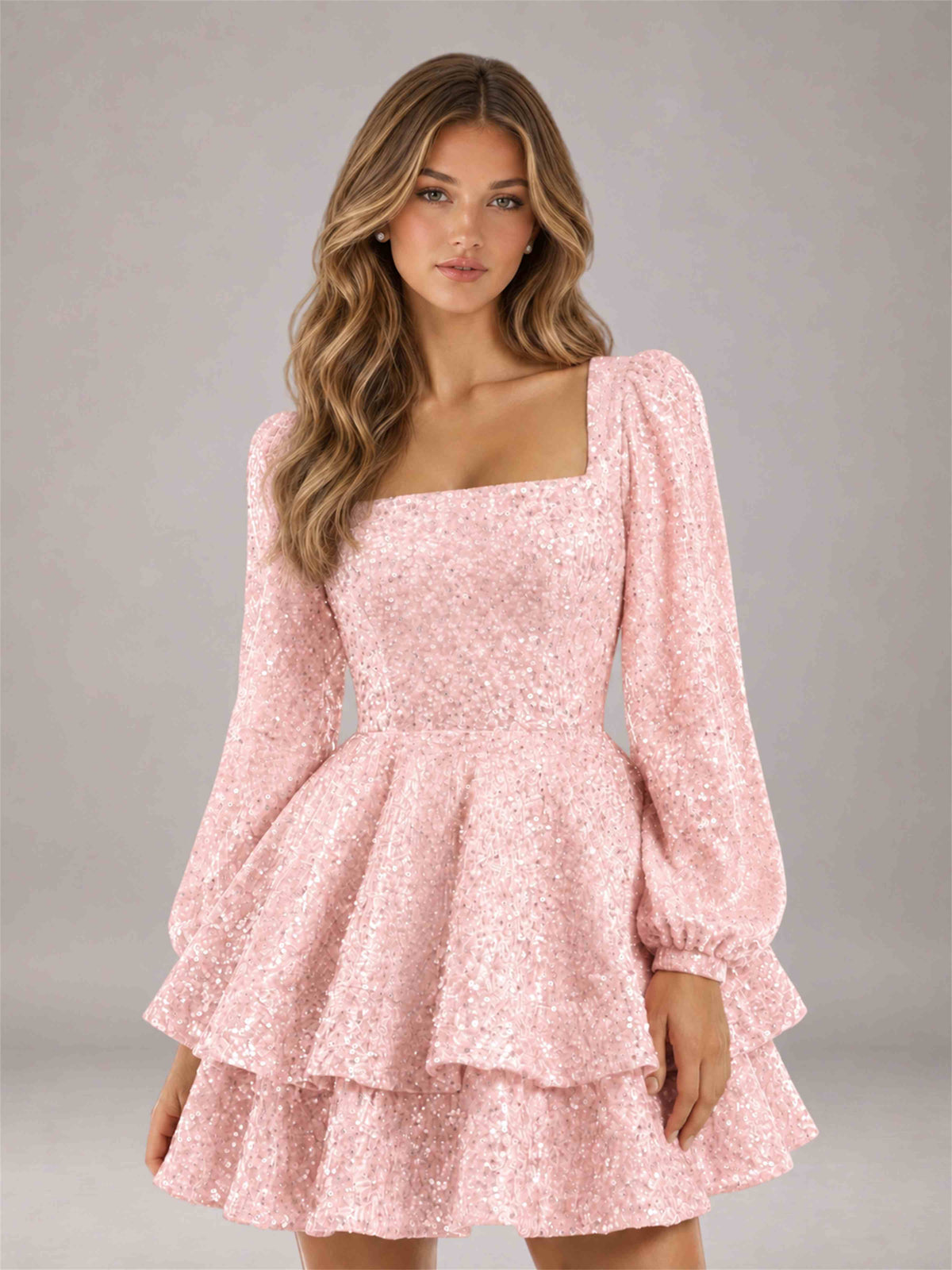 Blush Pink Velvet Sequin Square Neck Long Sleeves Mini Homecoming Dress