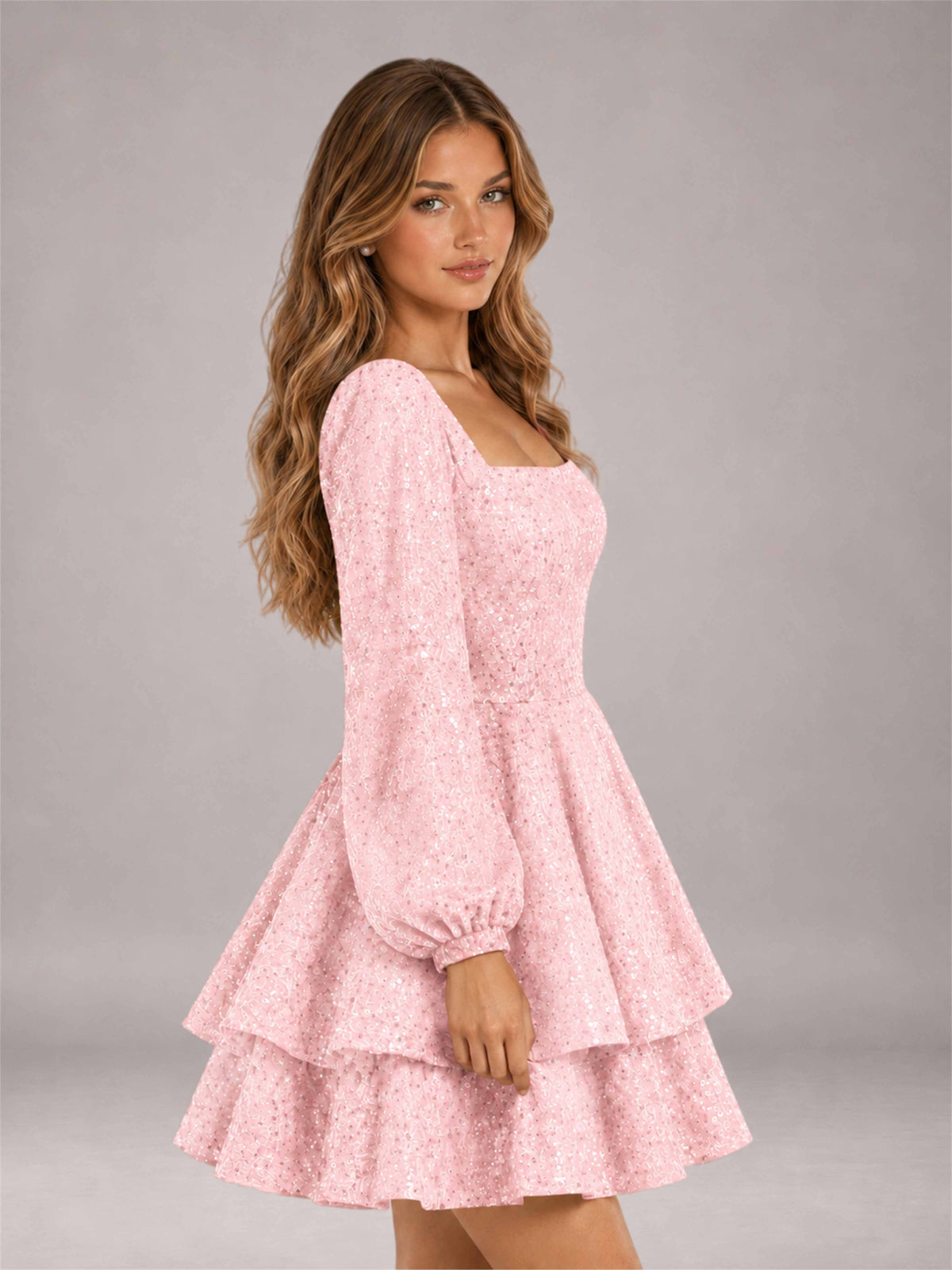 Blush Pink Velvet Sequin Square Neck Long Sleeves Mini Homecoming Dress