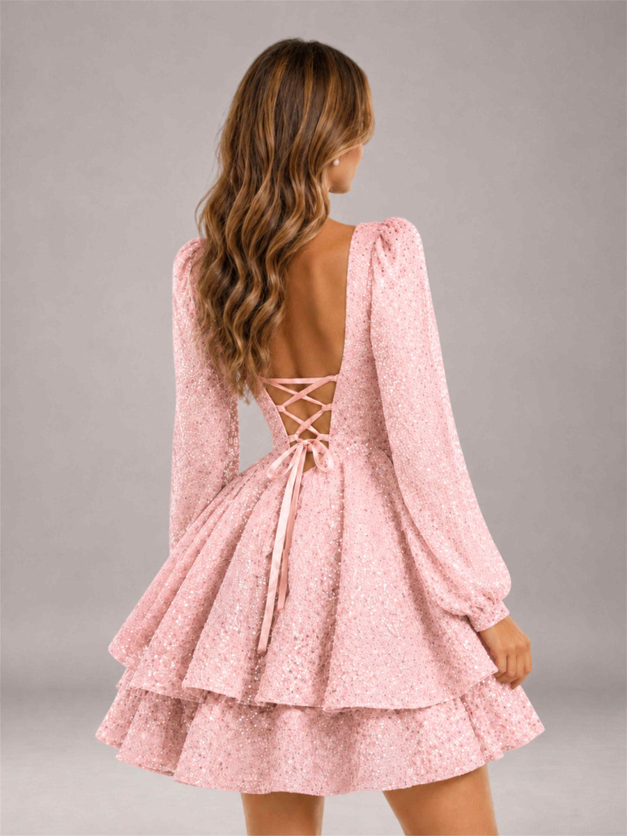 Blush Pink Velvet Sequin Square Neck Long Sleeves Mini Homecoming Dress