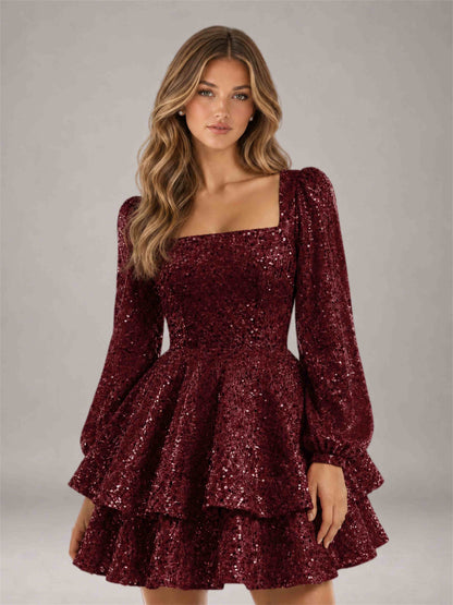 Burgundy Velvet Sequin Square Neck Long Sleeves Mini Homecoming Dress