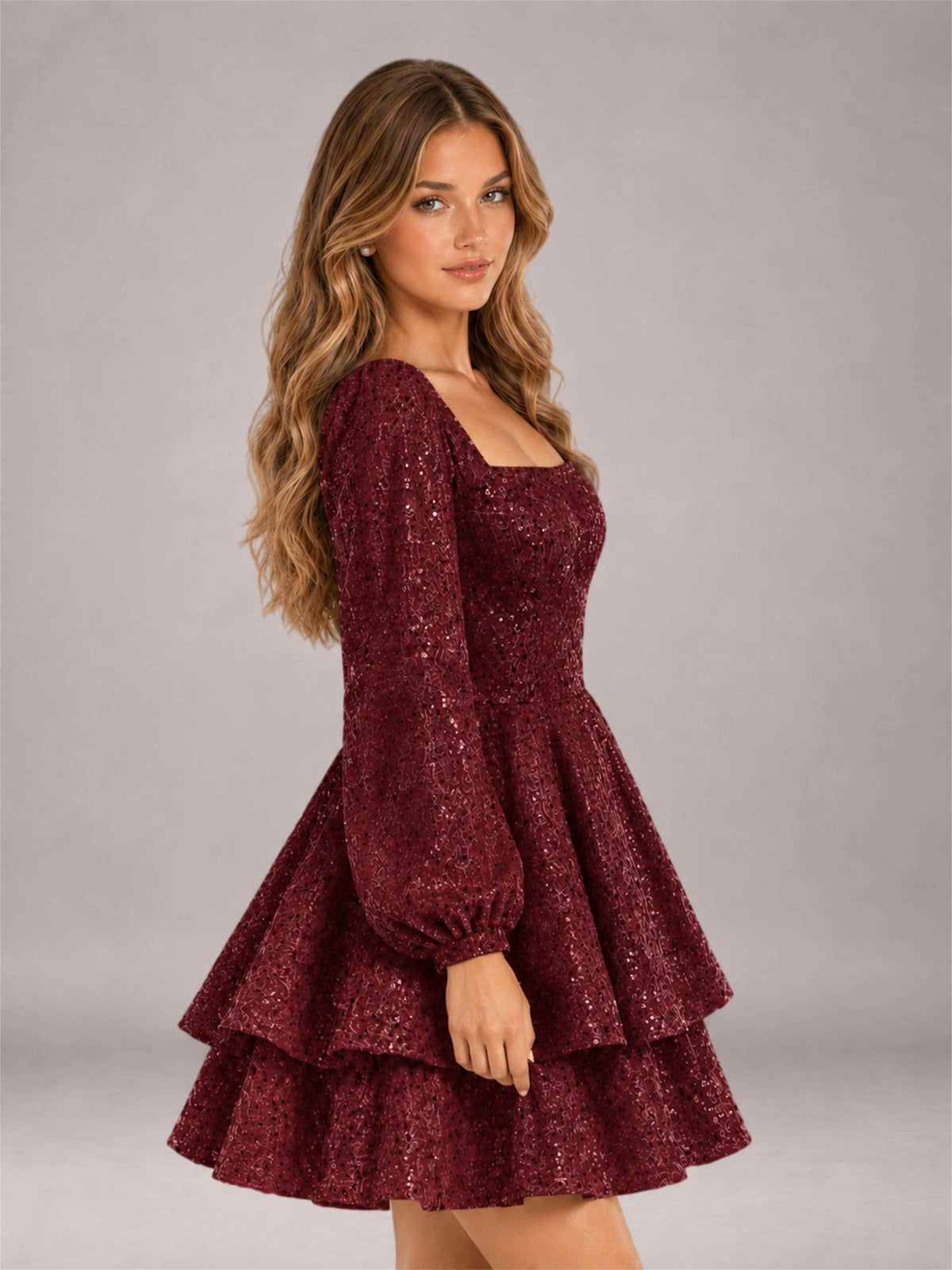 Burgundy Velvet Sequin Square Neck Long Sleeves Mini Homecoming Dress