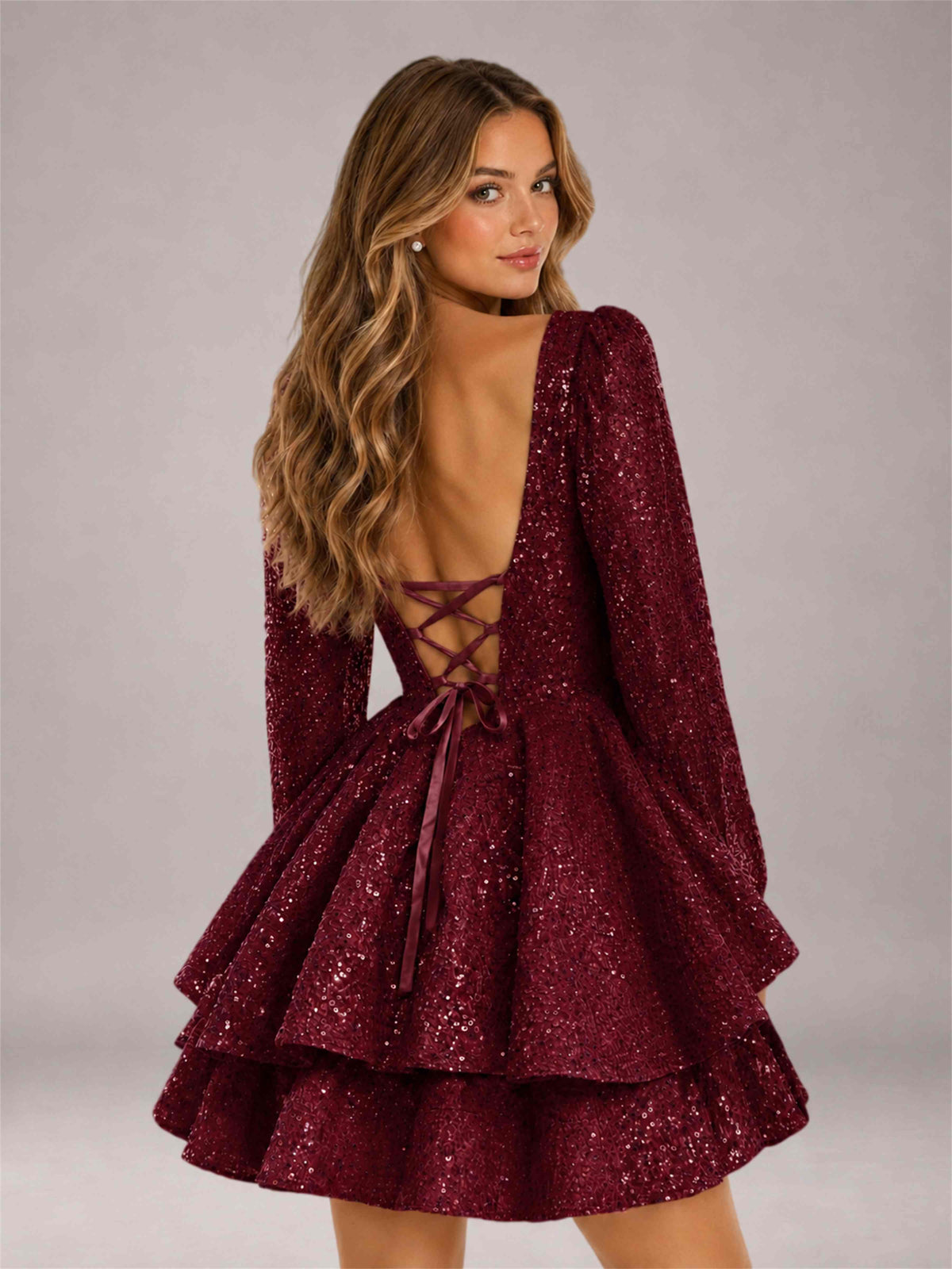 Burgundy Velvet Sequin Square Neck Long Sleeves Mini Homecoming Dress