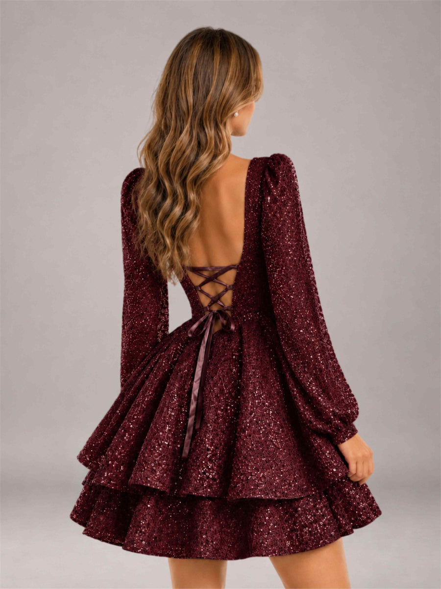 Burgundy Velvet Sequin Square Neck Long Sleeves Mini Homecoming Dress