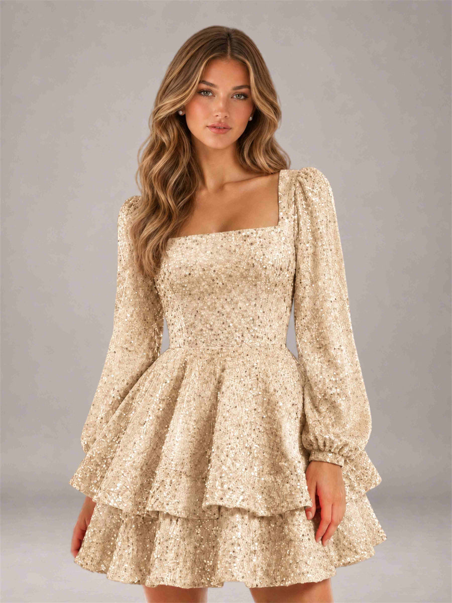 Champagne Velvet Sequin Square Neck Long Sleeves Mini Homecoming Dress